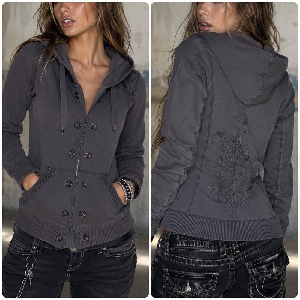 Y2K Triple Five Soul Embroidered Floral Hooded Jacket Gray Hook Eye Closure XS